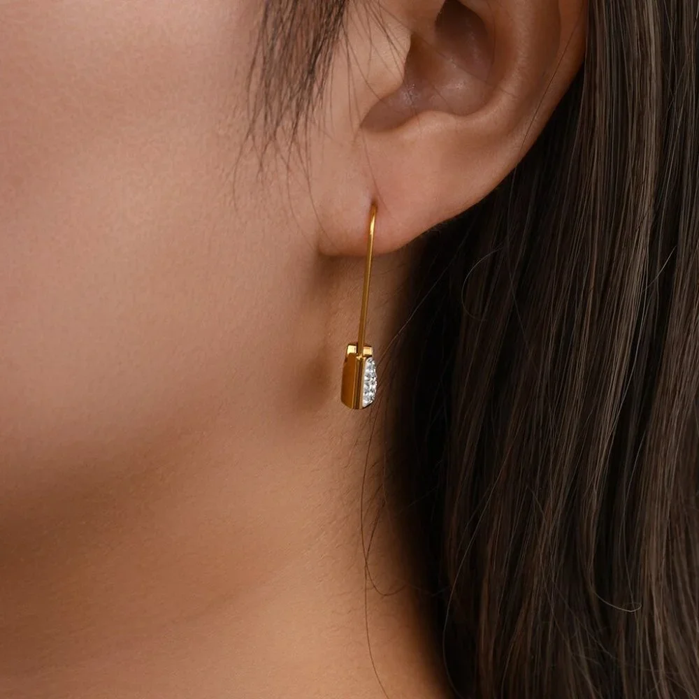 Safety Pin Lock White Zircon Dangle Earrings 18K Gold Plated Stainless - Picture 5 of 9